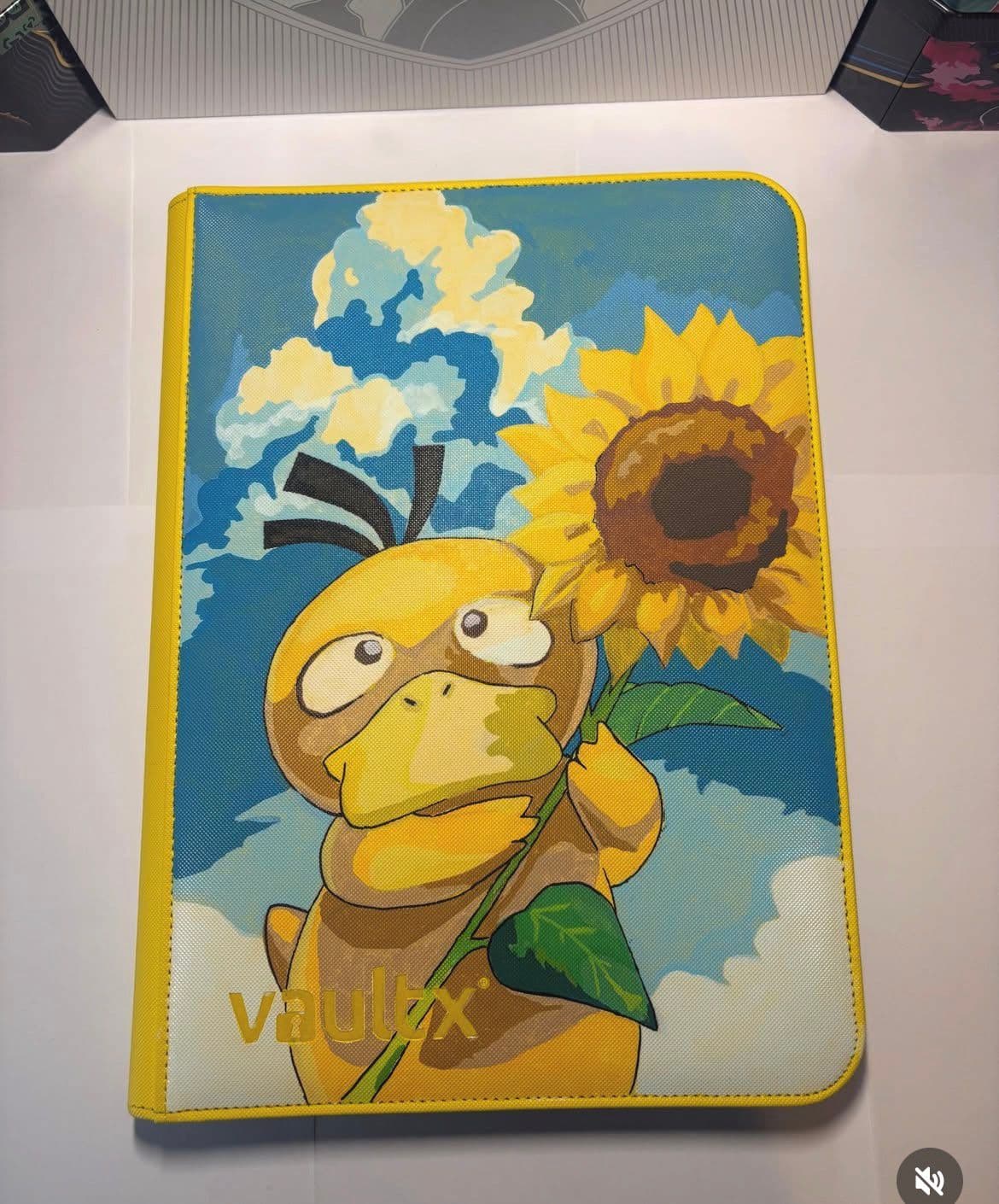 Custom Psyduck-binder met een zonnebloem in Van Gogh-stijl